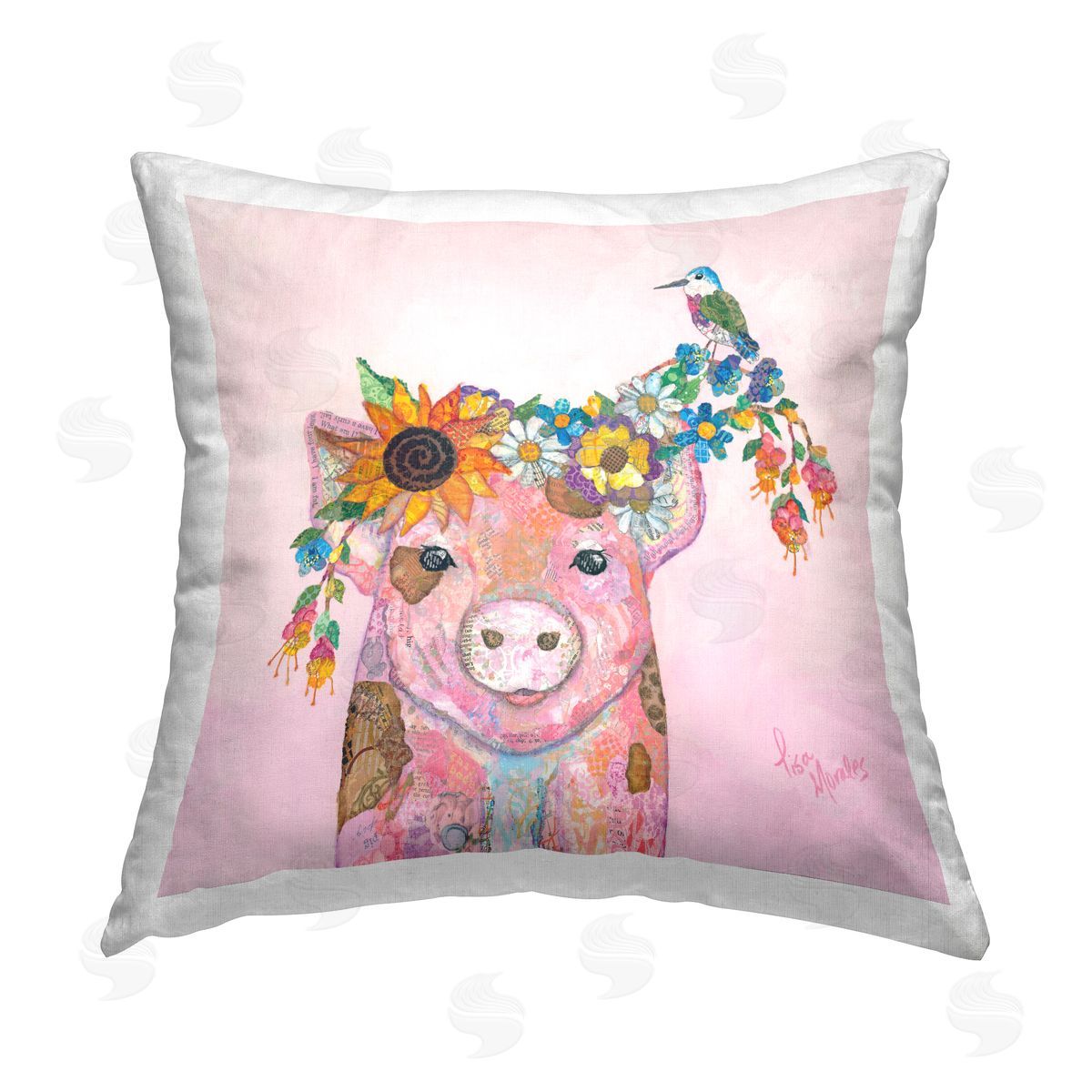 Abstract Pink Floral Pig & Bird Decorative Printed Pillow, Home Decor by Lisa Morales