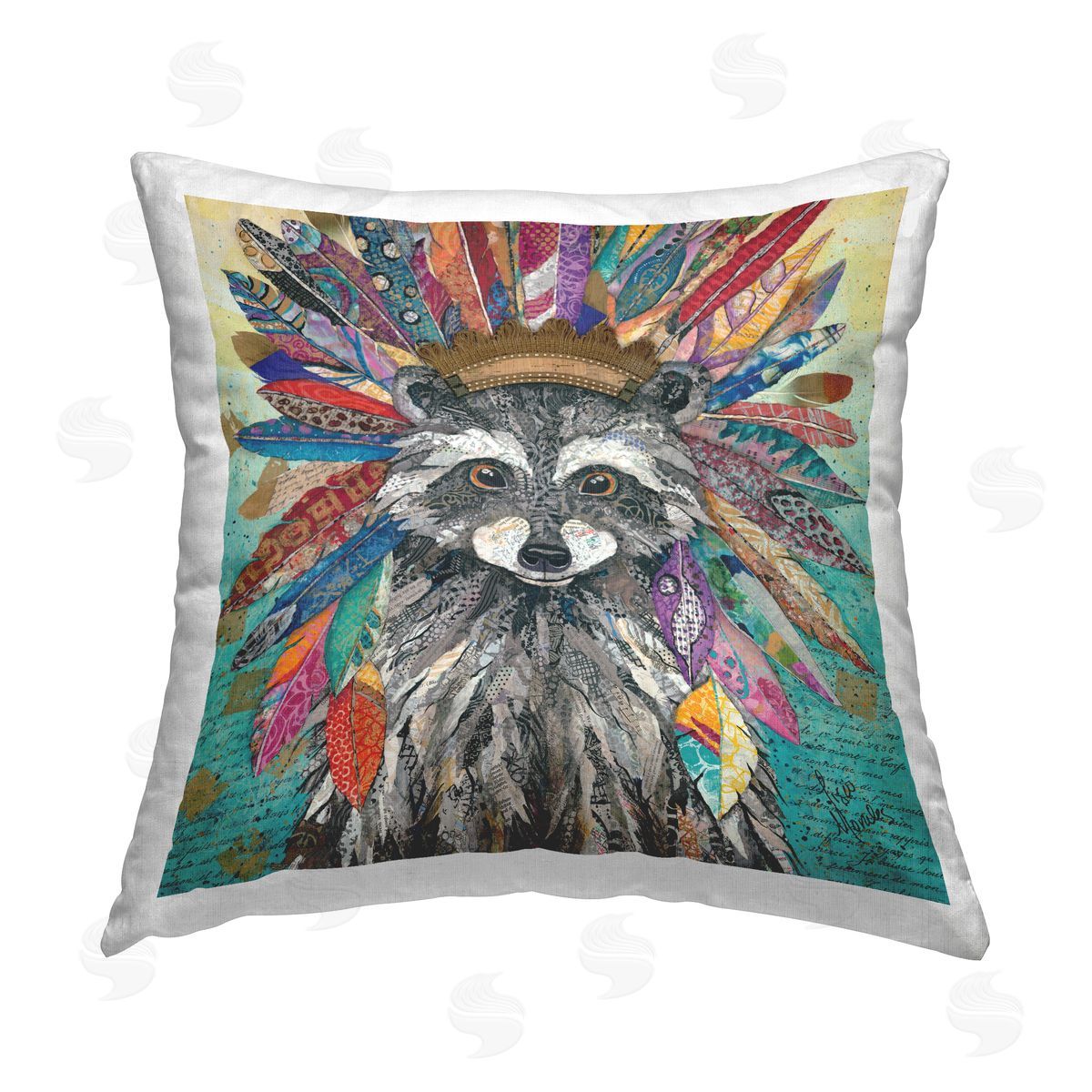 Raccoon Feathers Collaged Abstract Decorative Printed Pillow, Home Decor by Lisa Morales