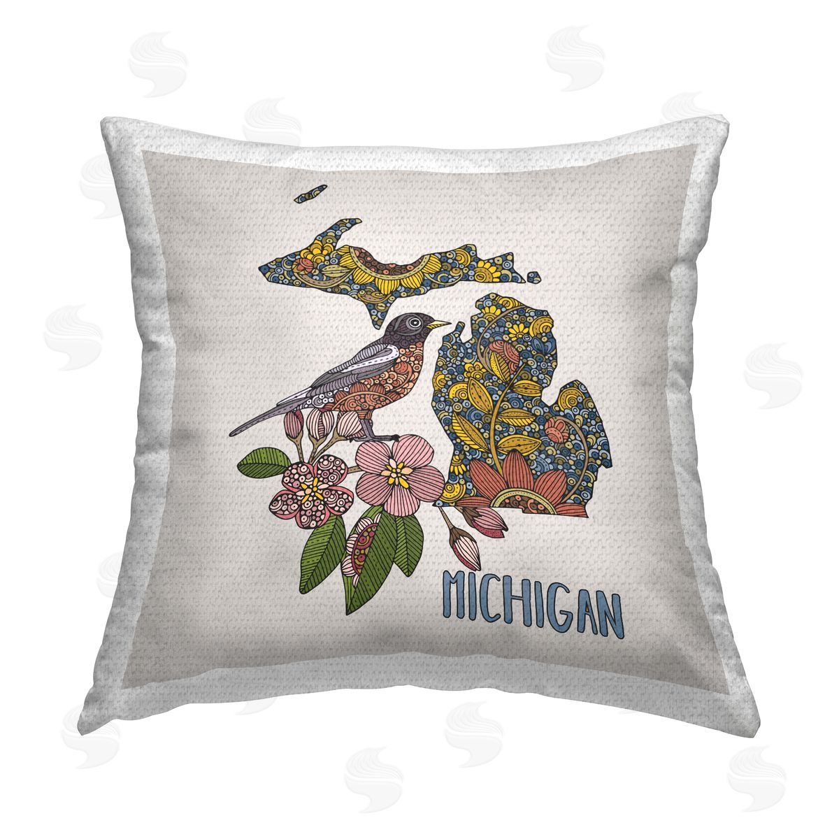 Michigan State Bird Flower Patterns Outdoor Printed Pillow, Home Decor by Valentina Harper