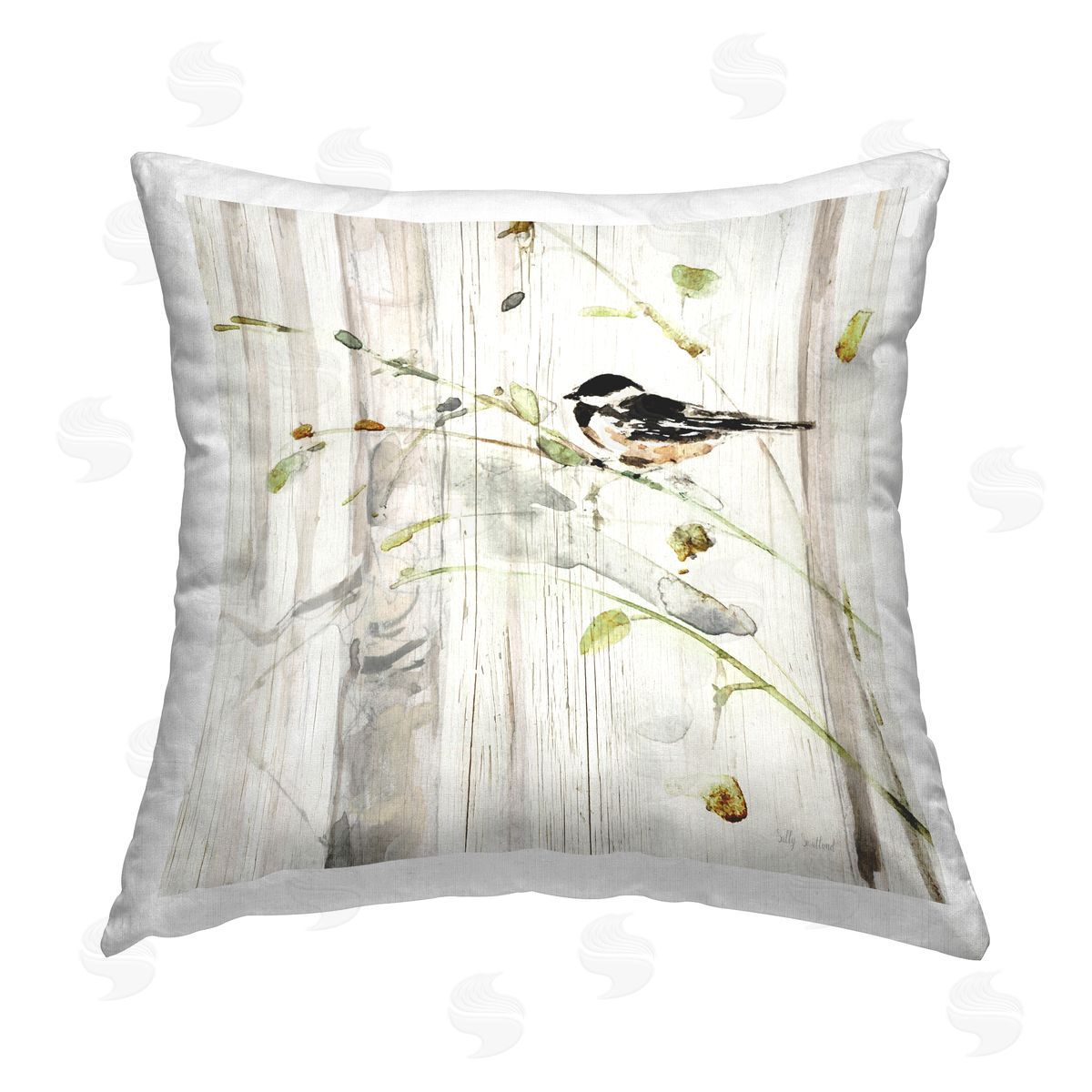Rustic Bird Perched Grain Pattern Decorative Printed Pillow, Home Decor by Sally Swatland