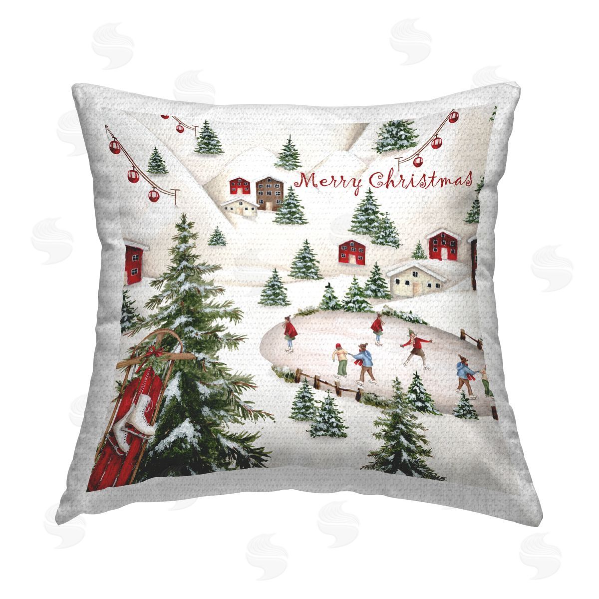 Merry Christmas Winter Skating Outdoor Printed Pillow, Home Decor by Emma Leach