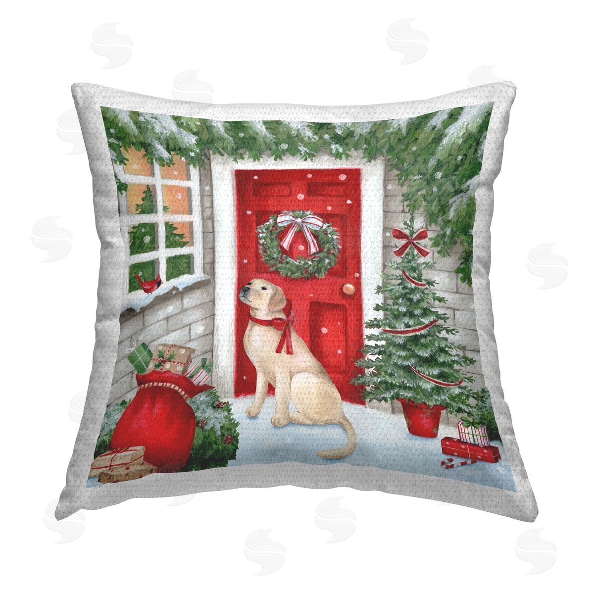 Dog On Doorstep Christmas Gifts Outdoor Printed Pillow, Home Decor by Emma Leach