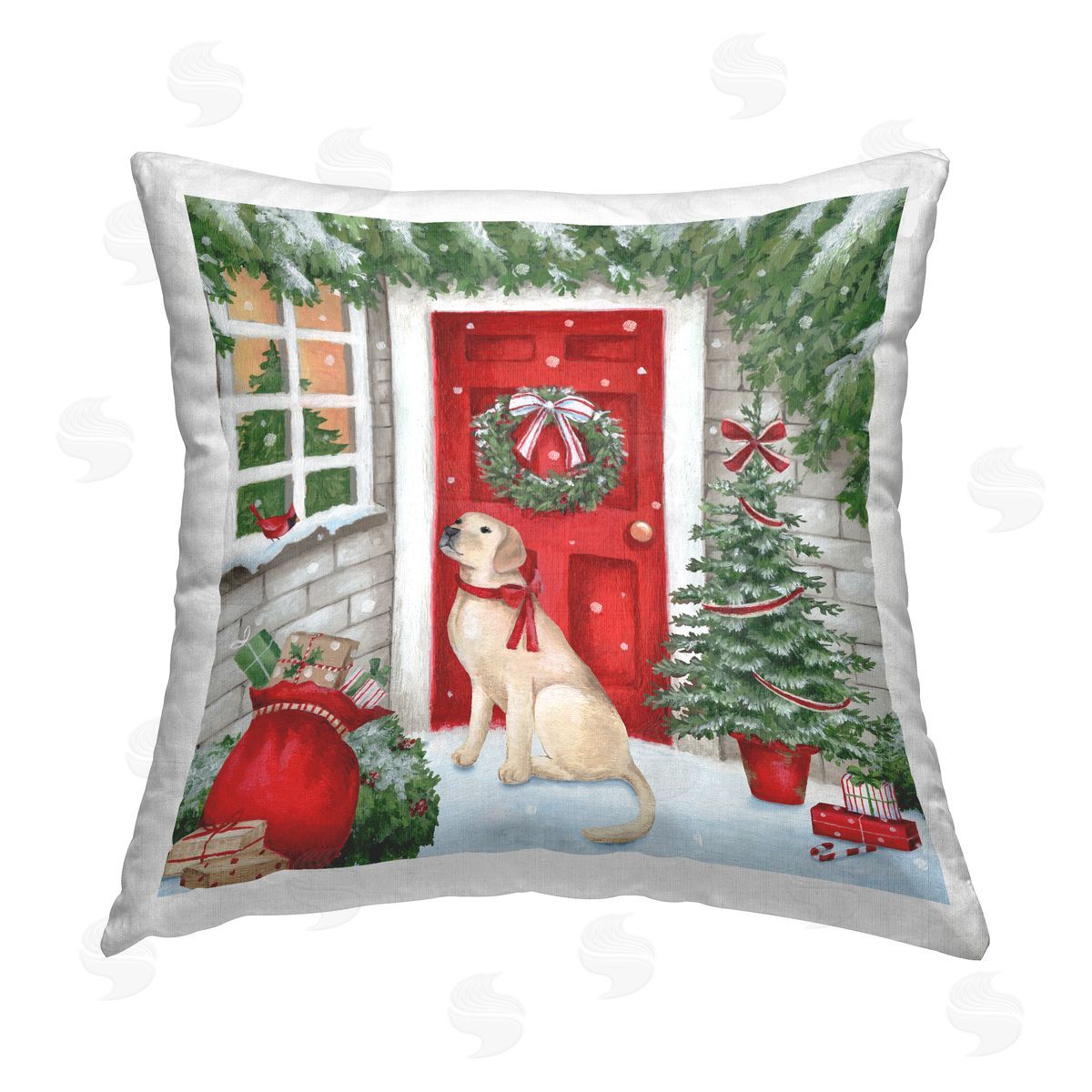 Dog On Doorstep Christmas Gifts Decorative Printed Pillow, Home Decor by Emma Leach