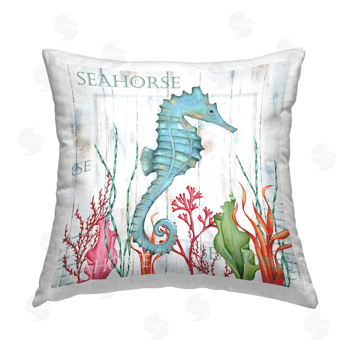 Blue Seahorse Rustic Sea Life Decorative Printed Pillow, Home Decor by Emma Leach