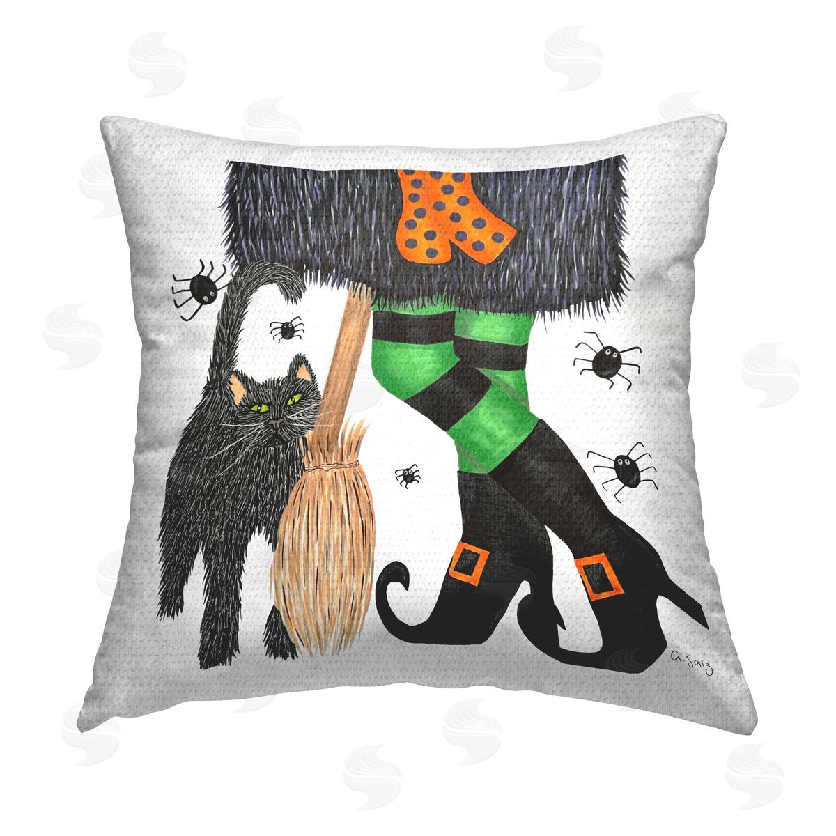 Halloween Witch & Black Cat Festive Outdoor Printed Pillow, Home Decor by Ale Saiz Studio