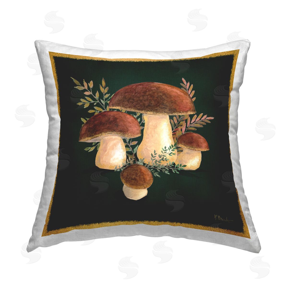 Mushrooms With Botanical Sprigs Decorative Printed Pillow, Home Decor by Paul Brent