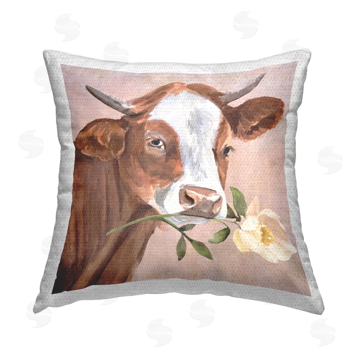Cattle with Flower Sprig Outdoor Printed Pillow, Home Decor by Annie Warren