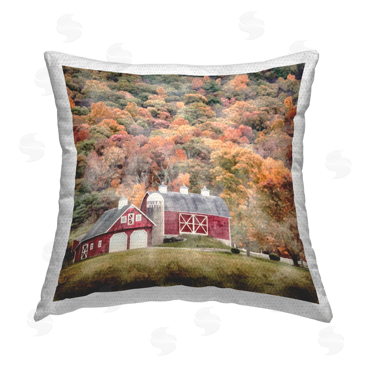 Red Barn with Fall Foliage Outdoor Printed Pillow, Home Decor by LSR Design Studio