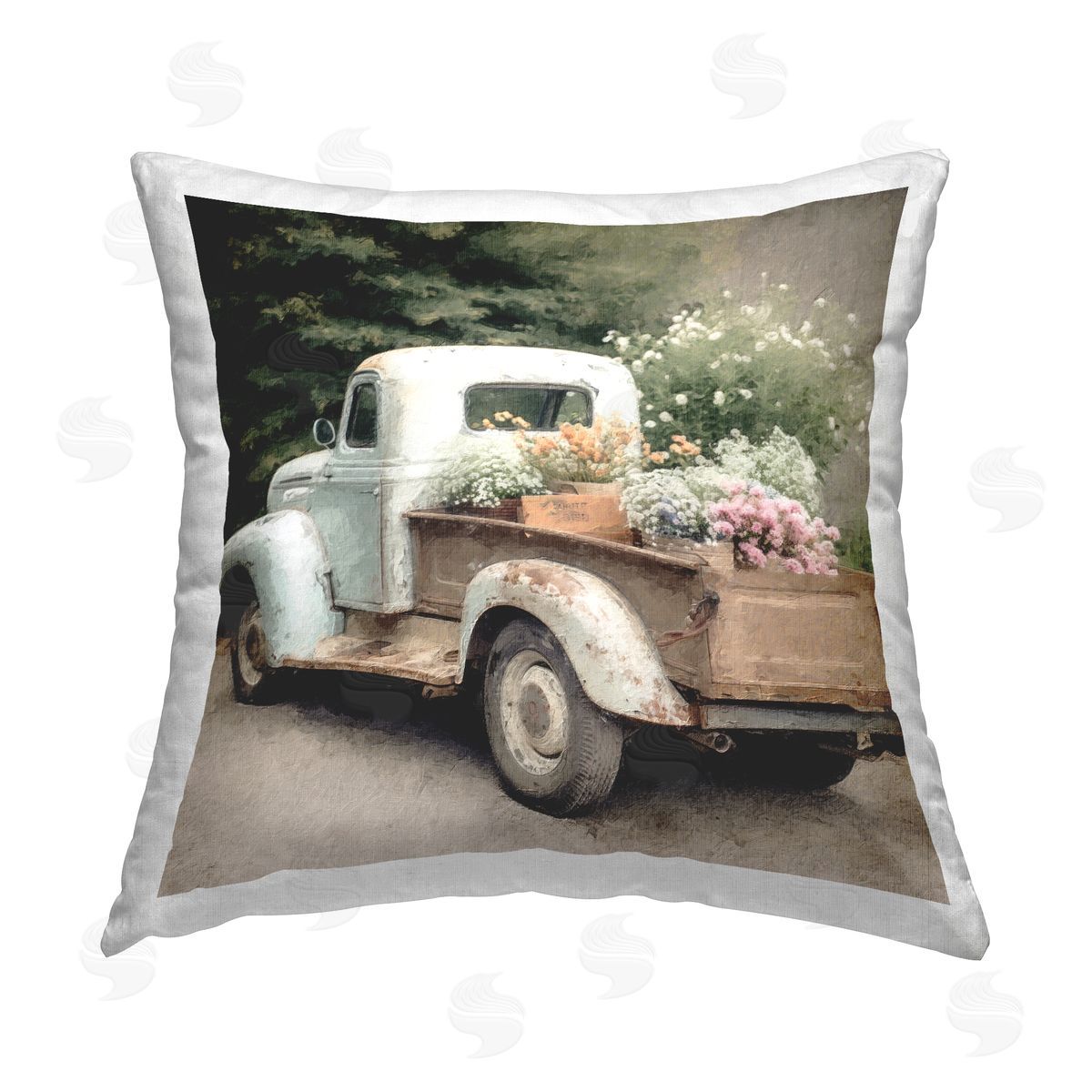 Vintage Pickup with Flowers Decorative Printed Pillow, Home Decor by LSR Design Studio