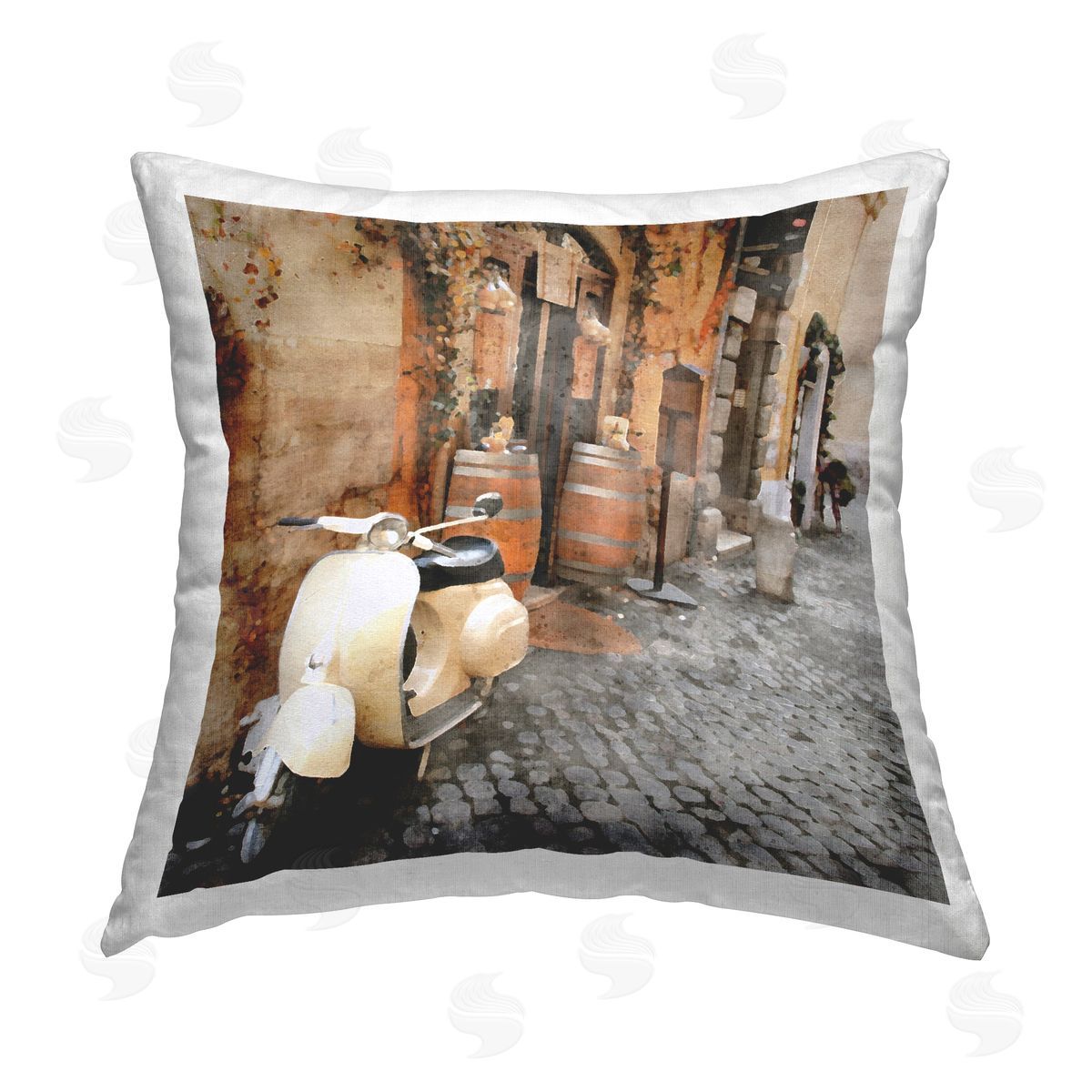 White Moped on Urban Street Decorative Printed Pillow, Home Decor by LSR Design Studio