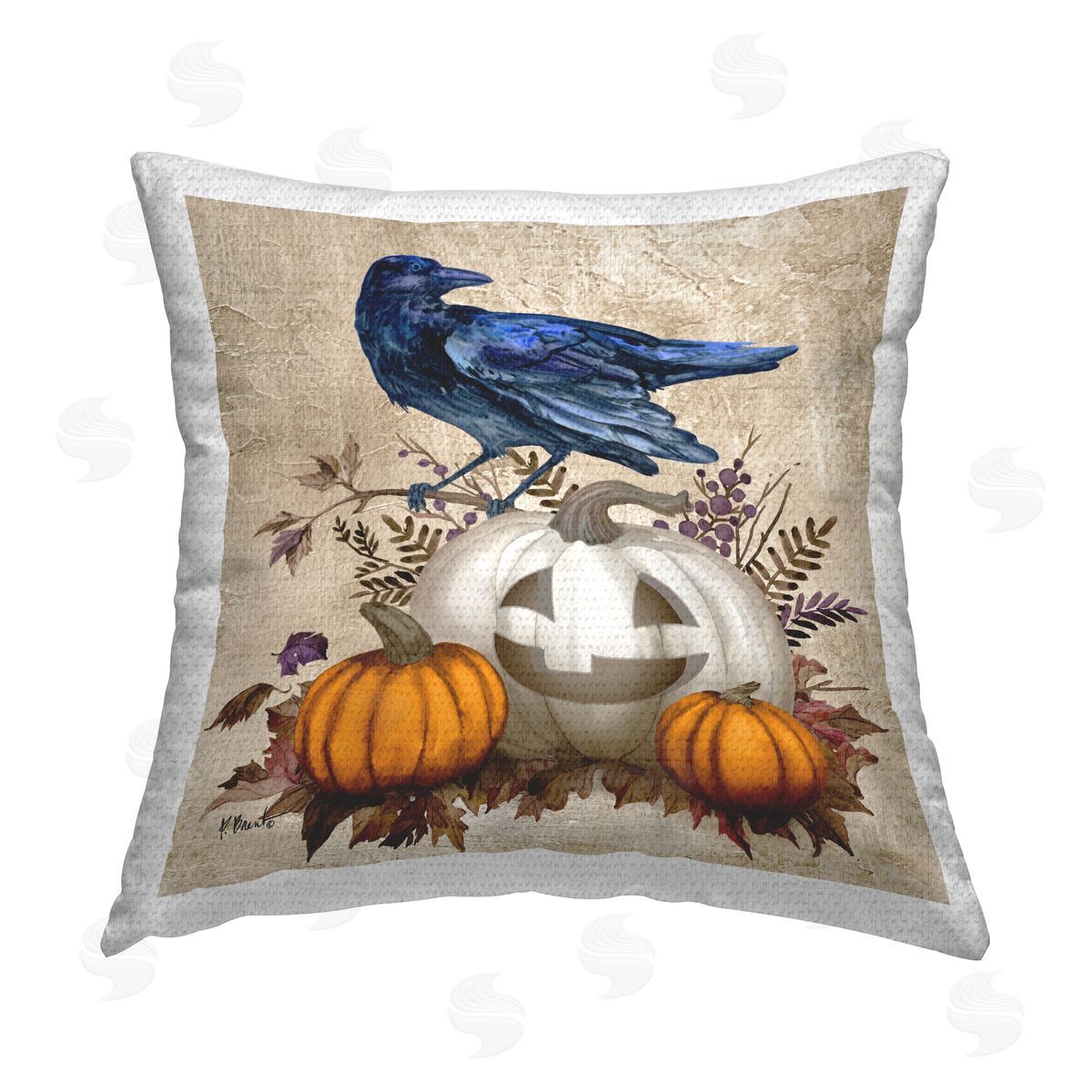 Crow & Jack-o-Lantern Outdoor Printed Pillow, Home Decor by Paul Brent