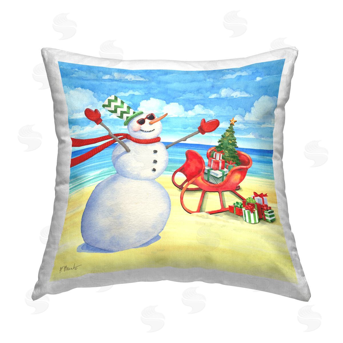 Coastal Christmas Snowman Decorative Printed Pillow, Home Decor by Paul Brent