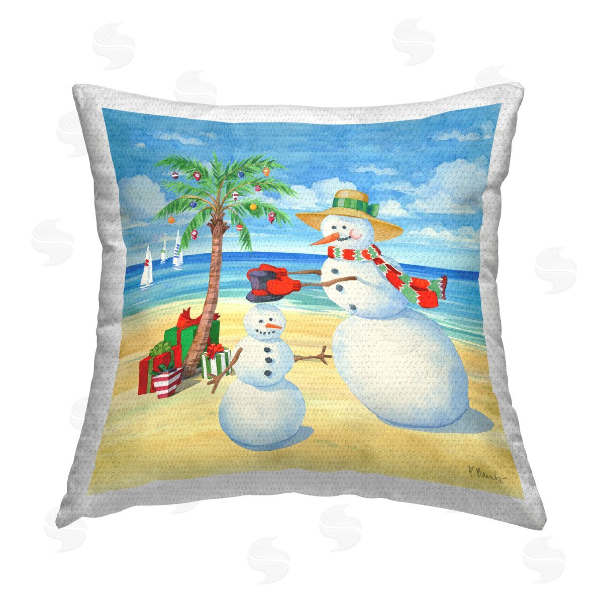 Snowman Beach Scenery Outdoor Printed Pillow, Home Decor by Paul Brent