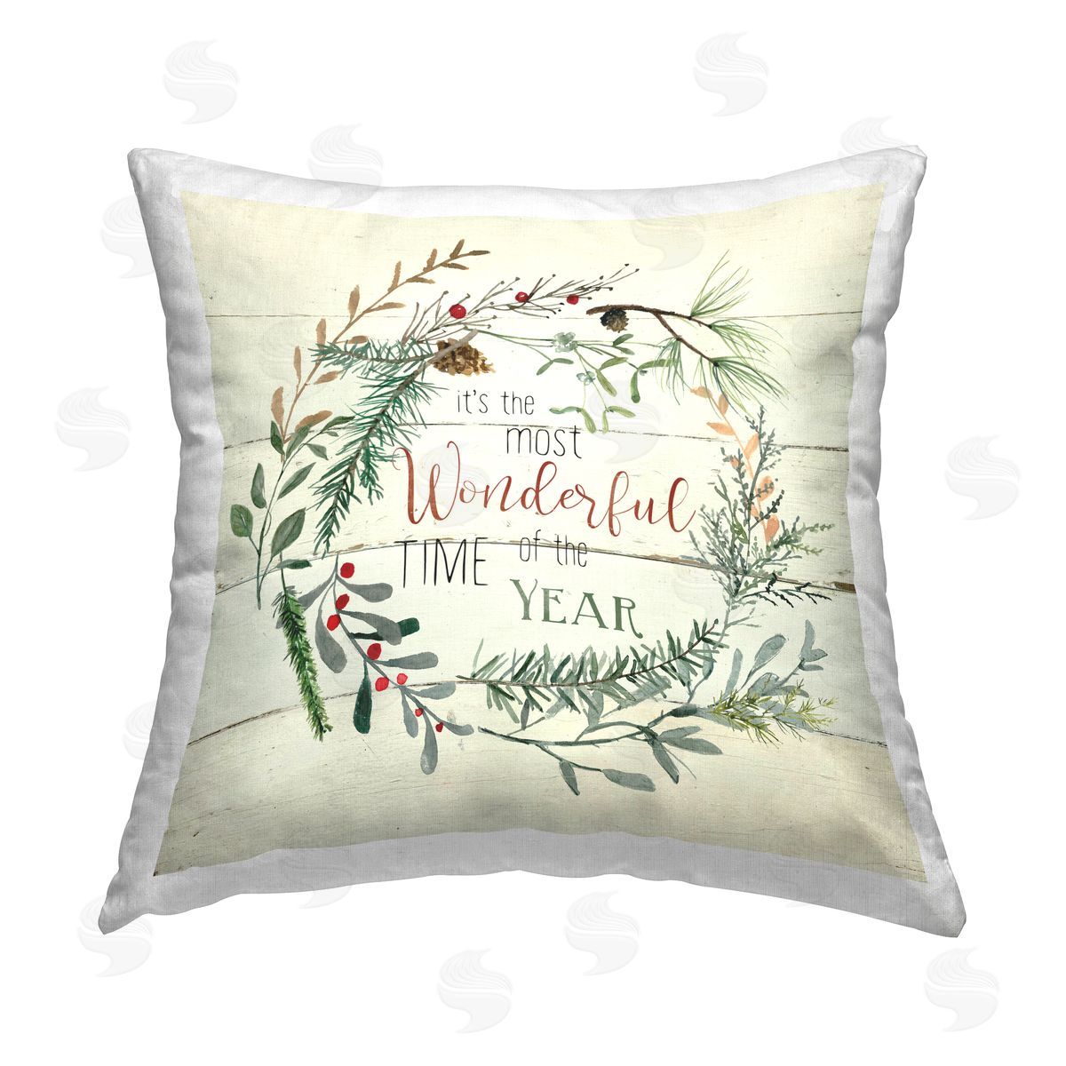 Carol Robinson Most Wonderful Time Wreath Printed Plush Polyester Throw Pillow