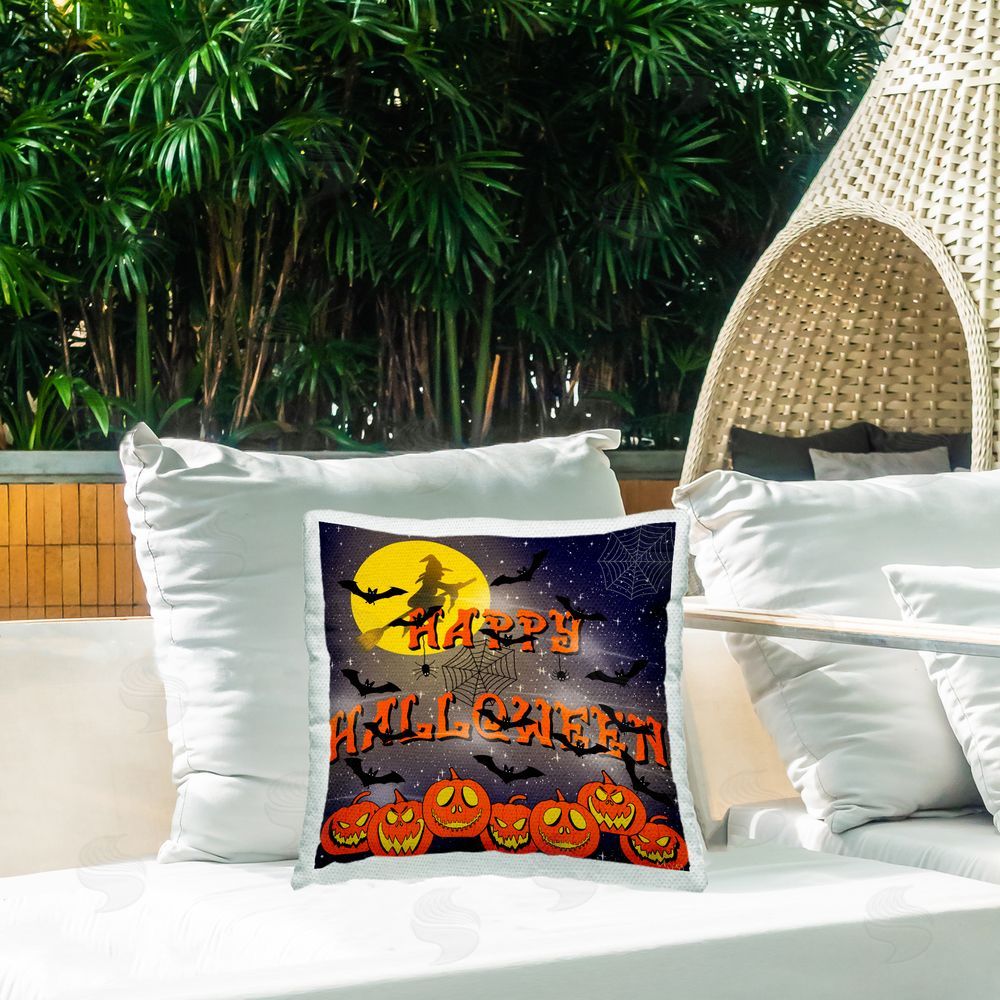 Ale Saiz Studio Happy Halloween Scene Outdoor Quick-Dry Polyester Printed Throw Pillow in Back Yard