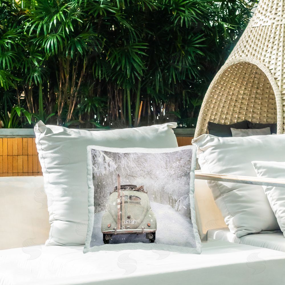 LSR Design Studio Car Driving in Snow Flurries Outdoor Quick-Dry Polyester Printed Throw Pillow in Back Yard
