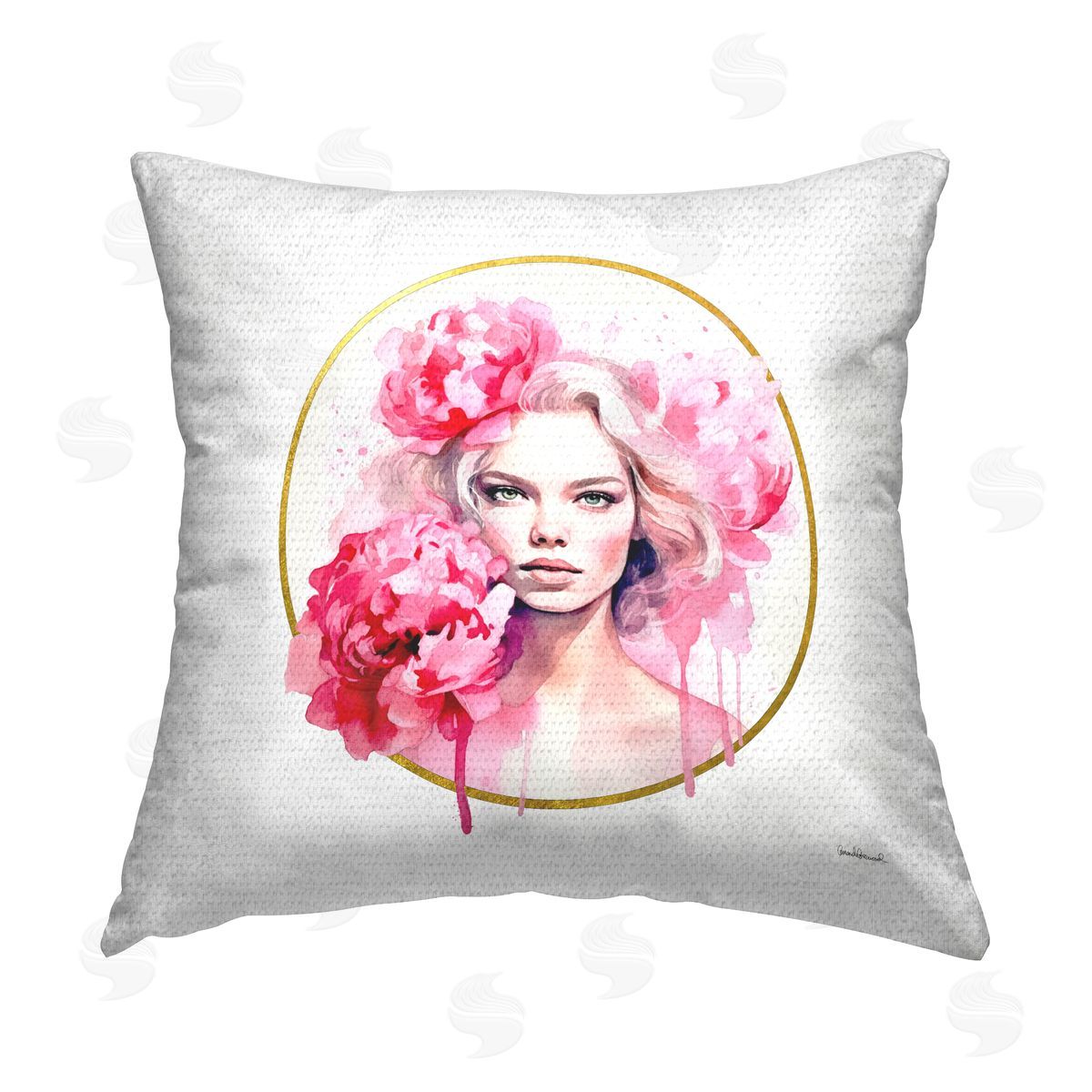 Amanda Greenwood Girl with Pink Peonies Outdoor Quick-Dry Polyester Printed Throw Pillow