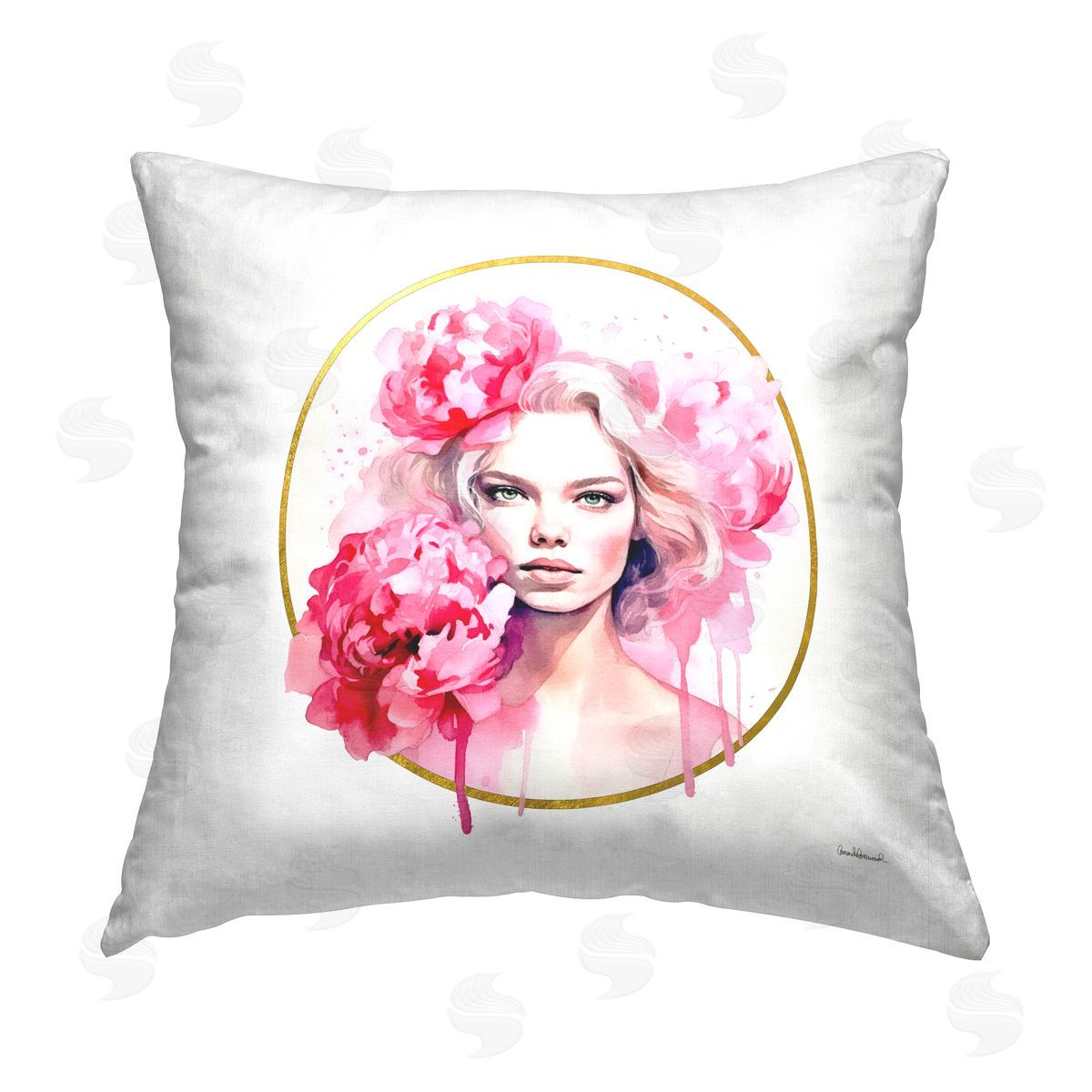 Amanda Greenwood Girl with Pink Peonies Printed Plush Polyester Throw Pillow