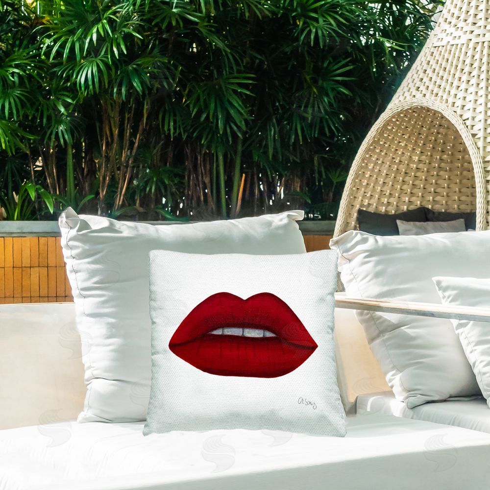 Ale Saiz Studio Red Modern Fashion Lips Outdoor Quick-Dry Polyester Printed Throw Pillow in Back Yard