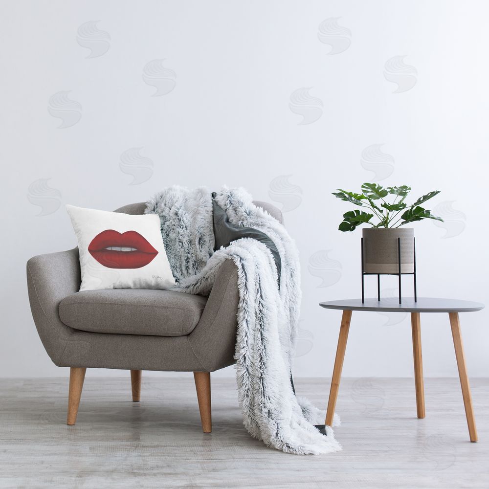 Ale Saiz Studio Red Modern Fashion Lips Printed Plush Polyester Throw Pillow On Chair