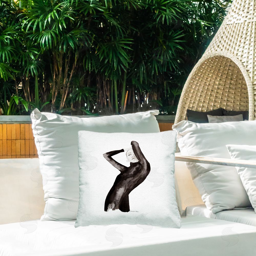Simone Elum Fashion Girl in Black Outdoor Quick-Dry Polyester Printed Throw Pillow in Back Yard