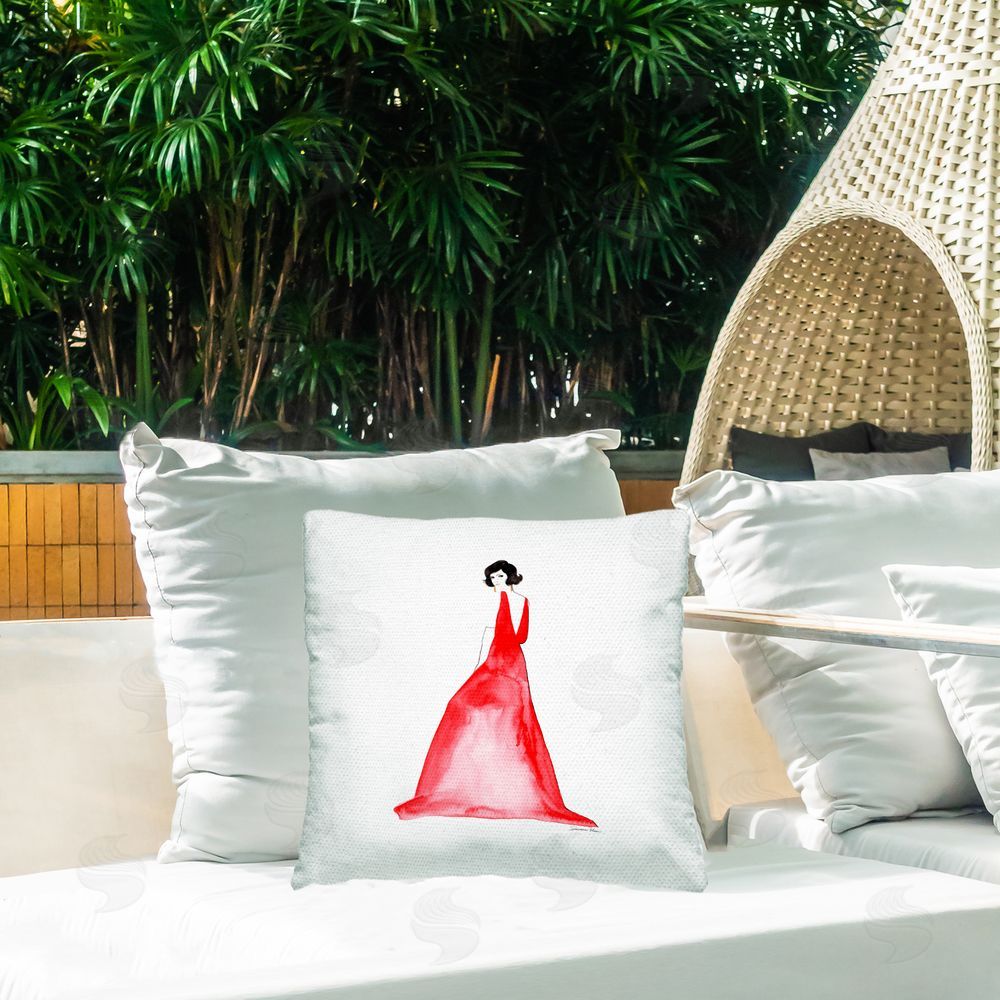 Simone Elum Stylish Girl in Red Dress Outdoor Quick-Dry Polyester Printed Throw Pillow in Back Yard