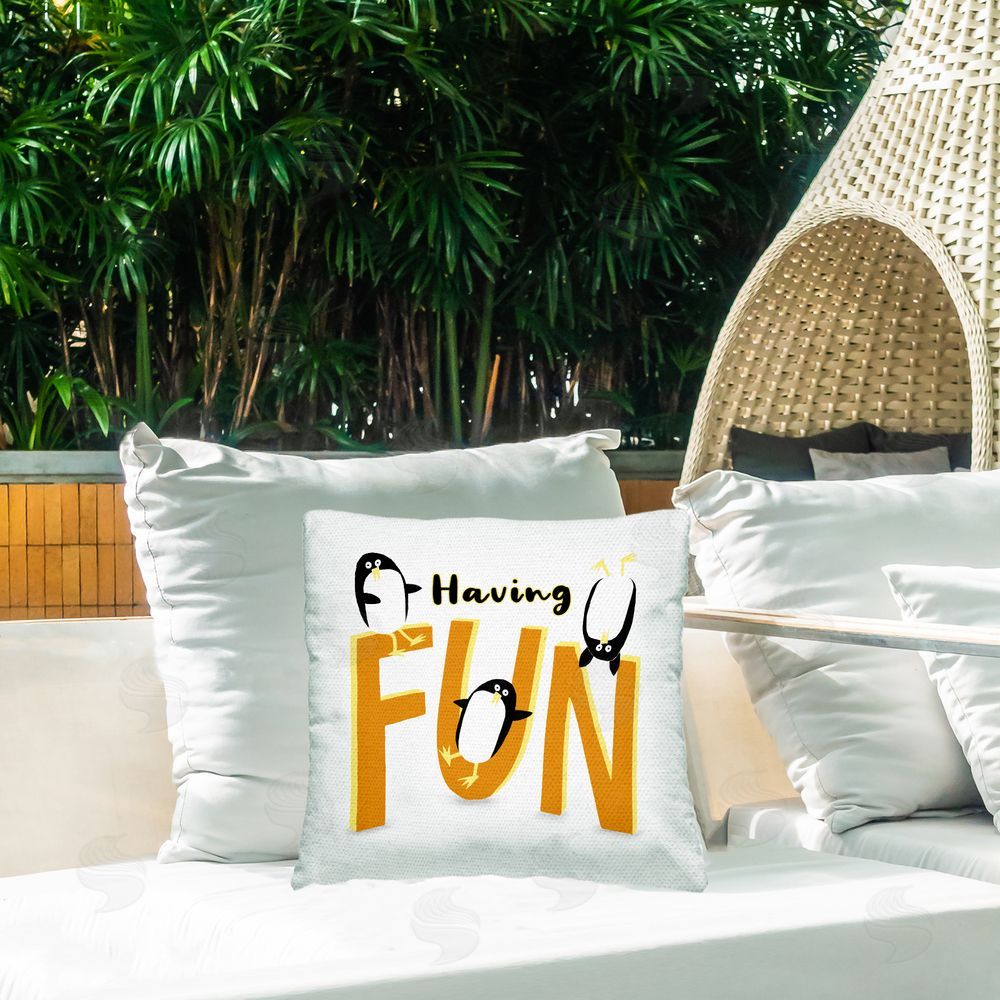Carla Daly Having Fun Penguins Outdoor Quick-Dry Polyester Printed Throw Pillow in Back Yard