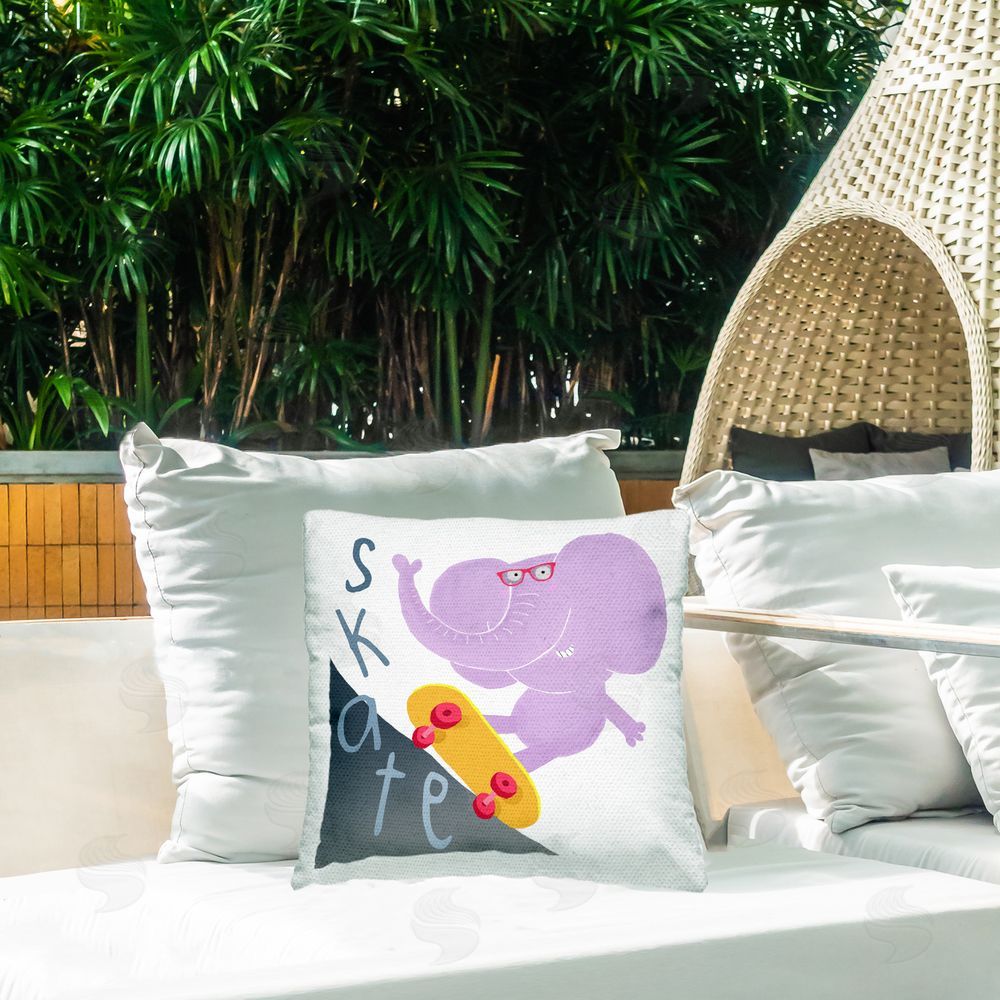 Carla Daly Skateboarding Purple Elephant Outdoor Quick-Dry Polyester Printed Throw Pillow in Back Yard