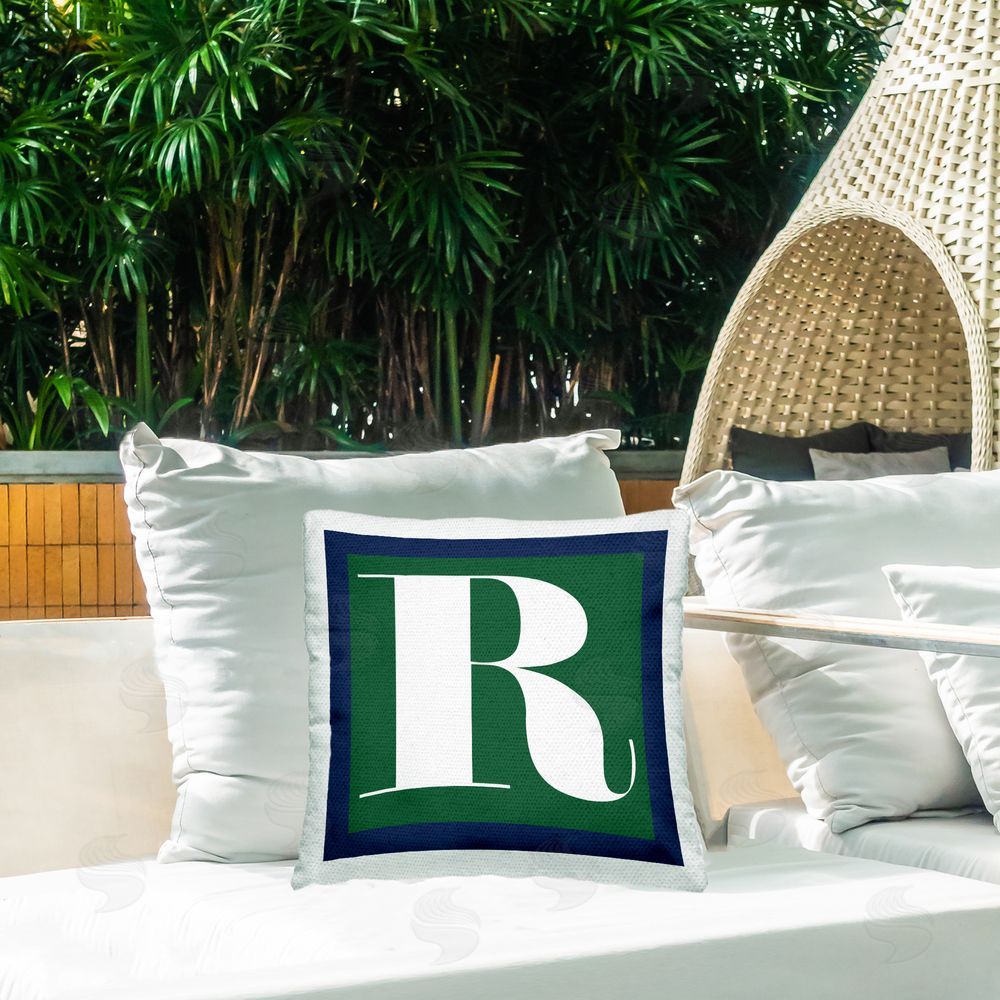 Stupell Studio Green R Name Initial Outdoor Quick-Dry Polyester Printed Throw Pillow in Back Yard