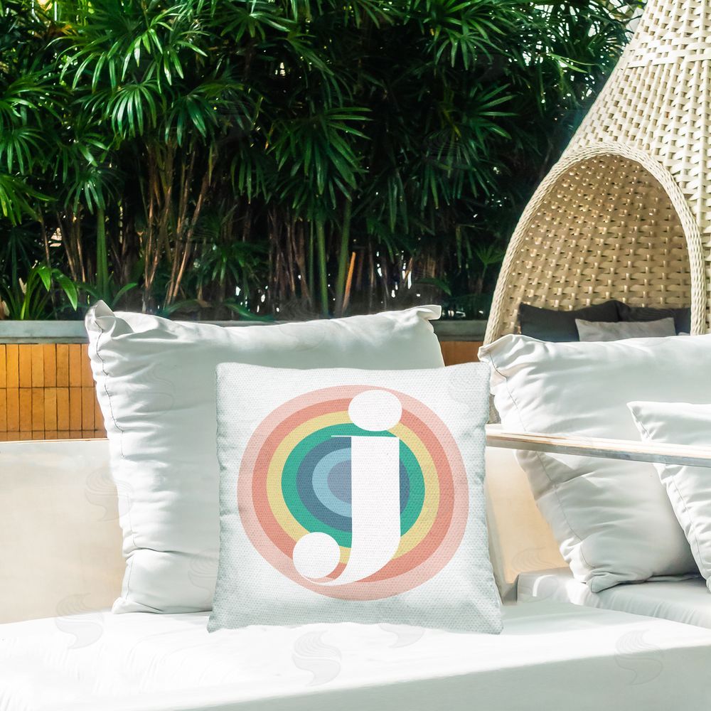 Stupell Studio Rainbow J Letter Initial Outdoor Quick-Dry Polyester Printed Throw Pillow in Back Yard