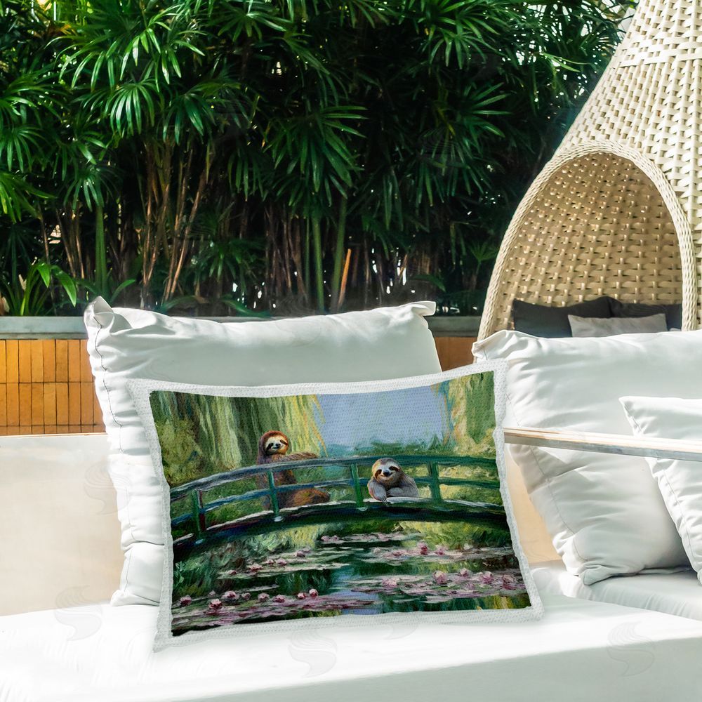 Furry Portraits Sloths on River Bridge Outdoor Quick-Dry Polyester Printed Throw Pillow in Back Yard