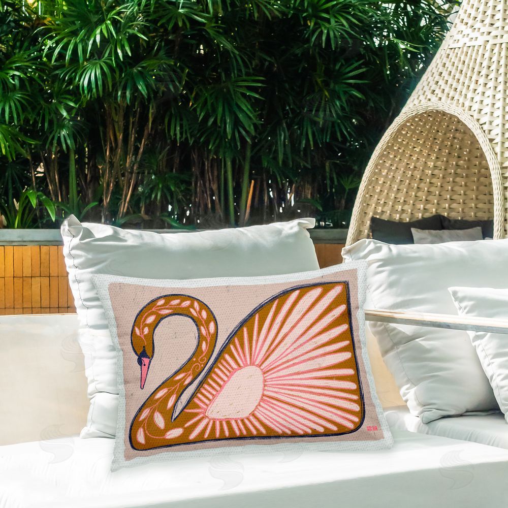 Birgit Maria Kiennast Boho Floral Swan Outdoor Quick-Dry Polyester Printed Throw Pillow in Back Yard