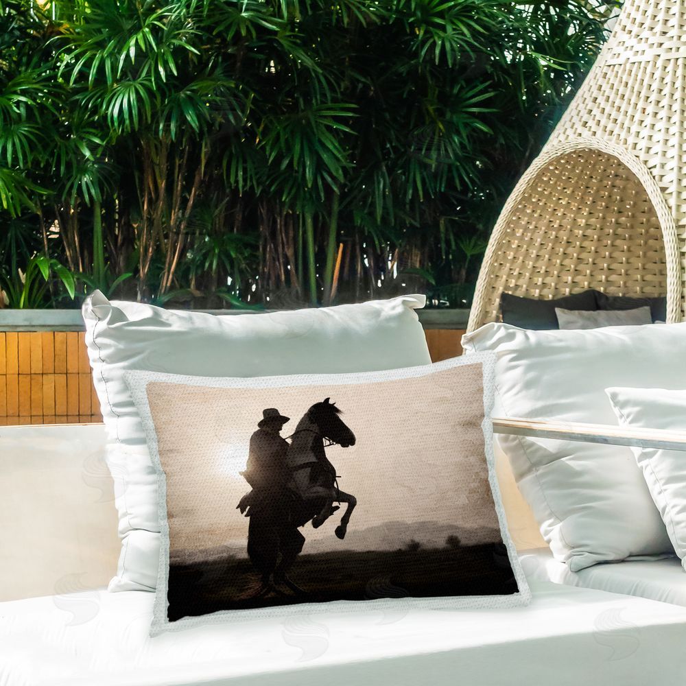 Kim Allen Western Cowboy Silhouette Outdoor Quick-Dry Polyester Printed Throw Pillow in Back Yard