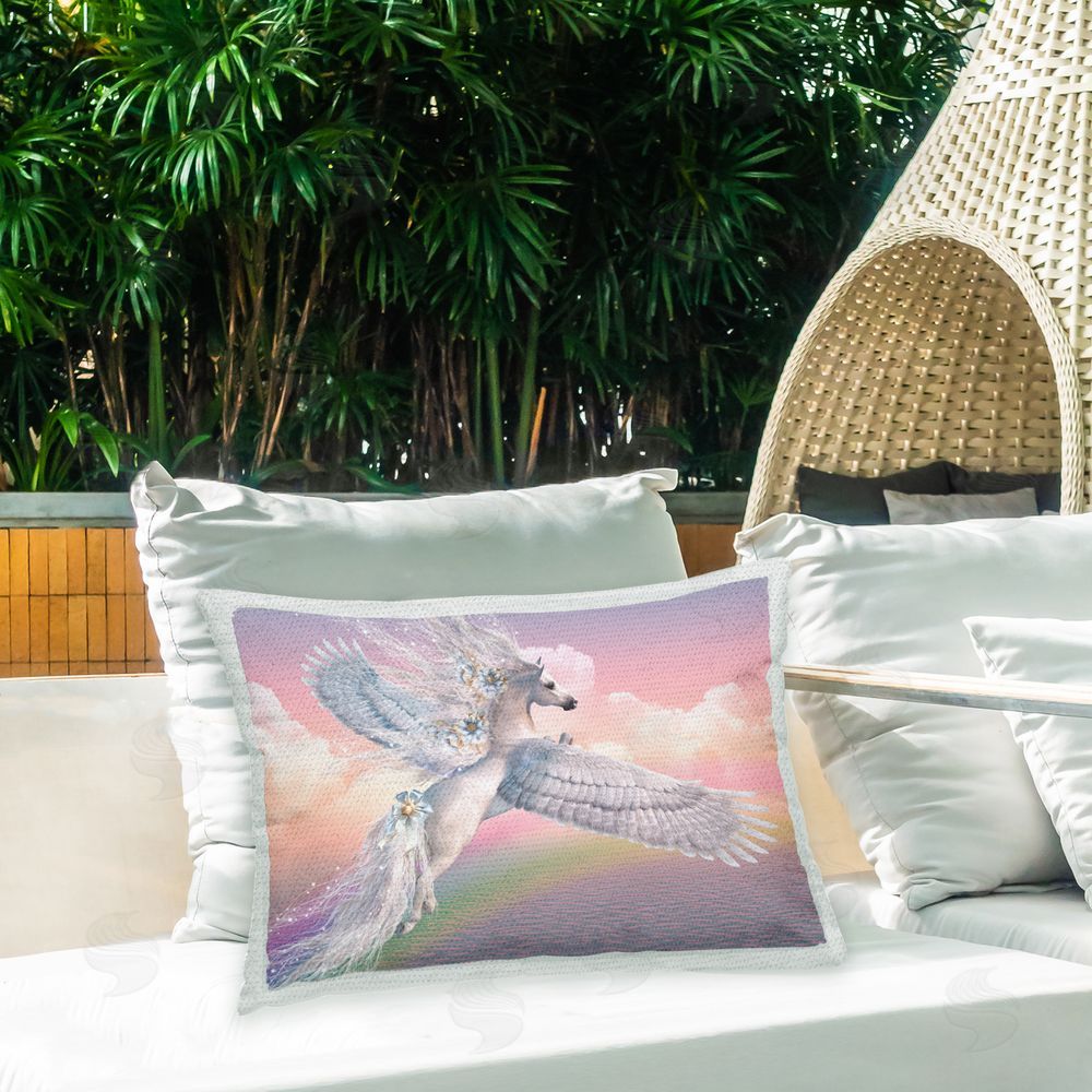 Laurie Prindle Over the Rainbow Pegasus Outdoor Quick-Dry Polyester Printed Throw Pillow in Back Yard