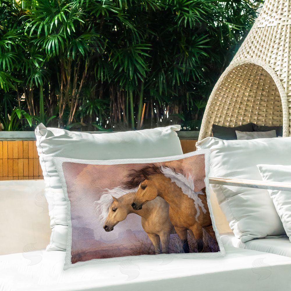 Laurie Prindle Sunset Gold Horses Outdoor Quick-Dry Polyester Printed Throw Pillow in Back Yard