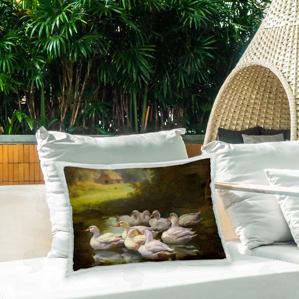 Ziwei Li Ducks in Rural Landscape Outdoor Quick-Dry Polyester Printed Throw Pillow in Back Yard