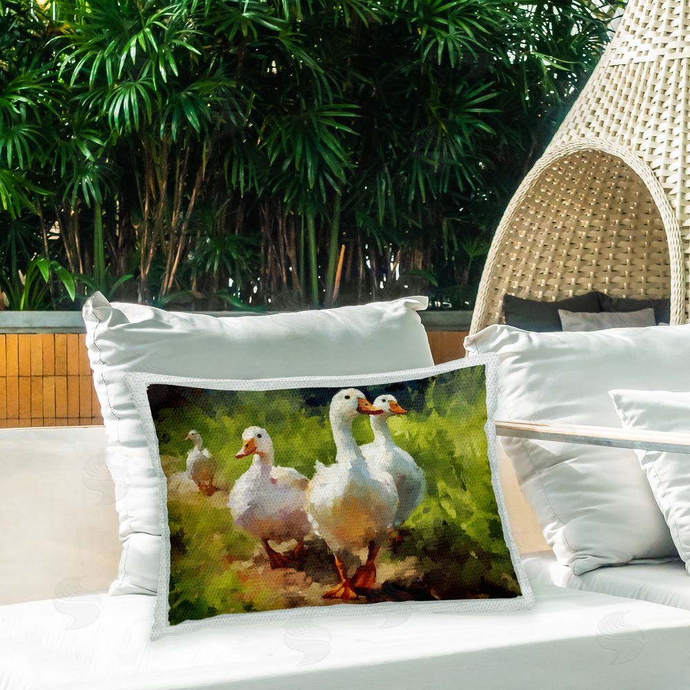 Ziwei Li Ducks in Woodland Nature Outdoor Quick-Dry Polyester Printed Throw Pillow in Back Yard