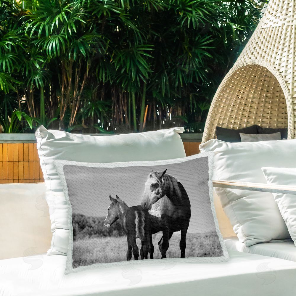 Steve Toole Grey Horse & Foal Outdoor Quick-Dry Polyester Printed Throw Pillow in Back Yard