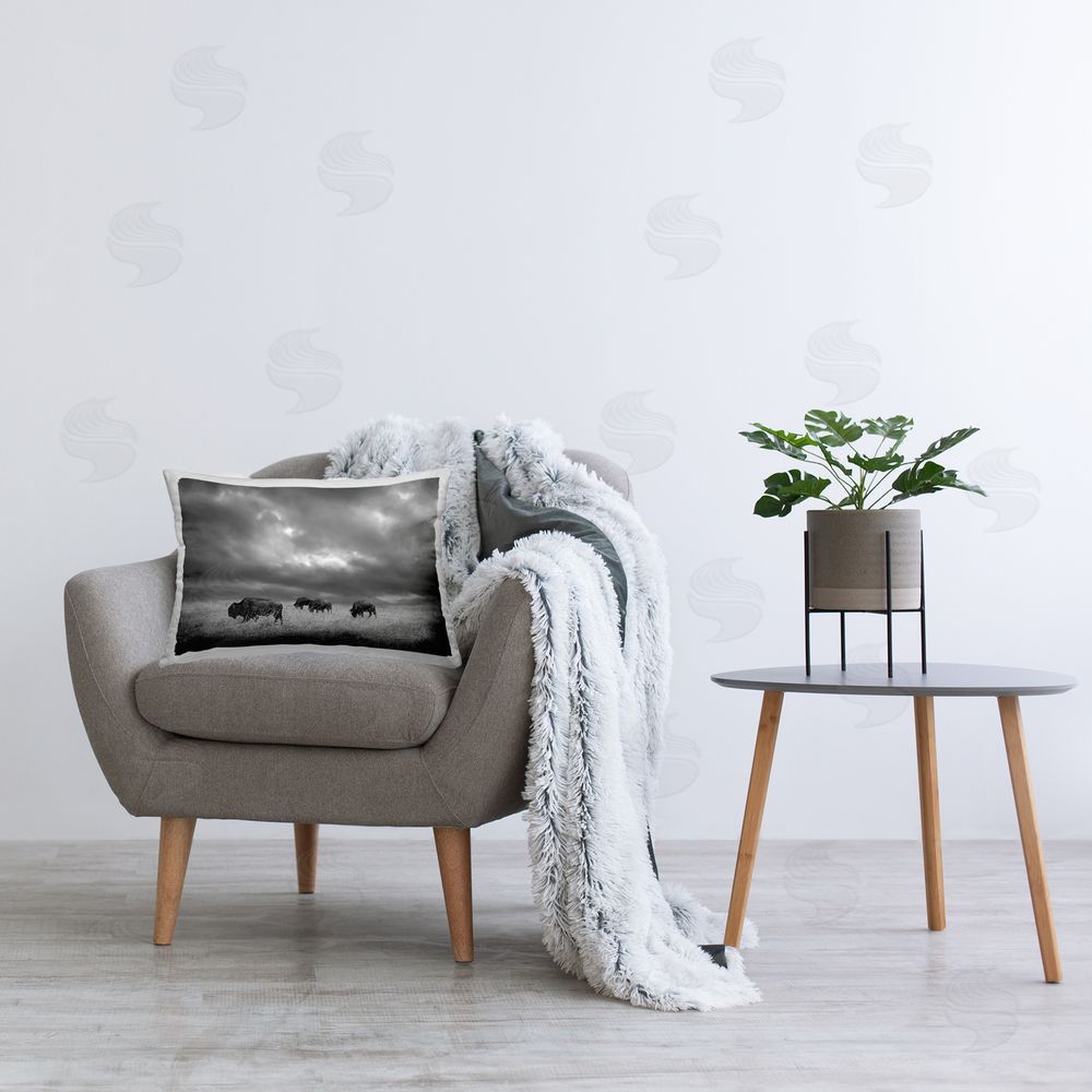 Steve Toole Cloudy Field & Bison Printed Plush Polyester Throw Pillow On Chair