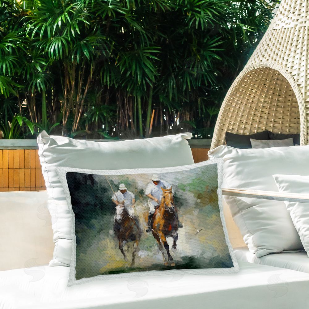 Ziwei Li Polo Sport Horses Outdoor Quick-Dry Polyester Printed Throw Pillow in Back Yard