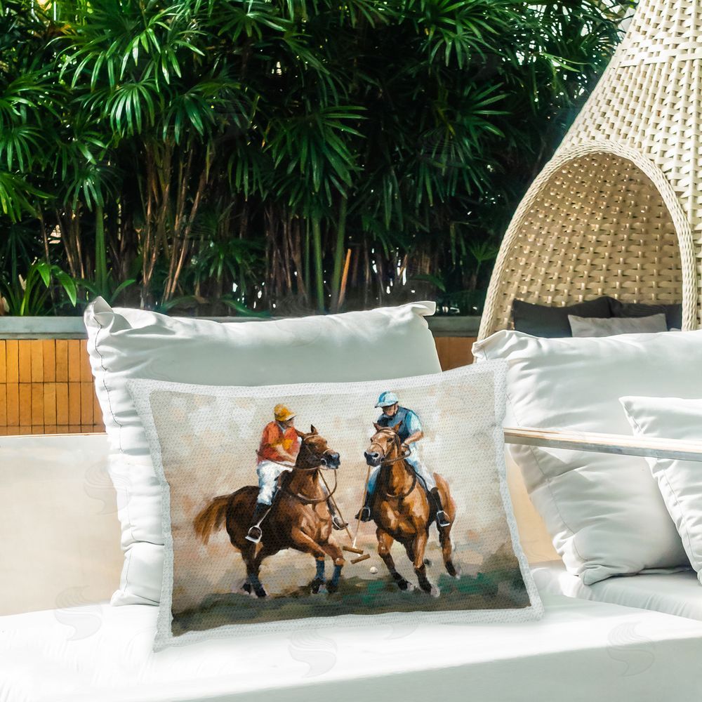 Ziwei Li Equestrian Polo Jockeys Outdoor Quick-Dry Polyester Printed Throw Pillow in Back Yard