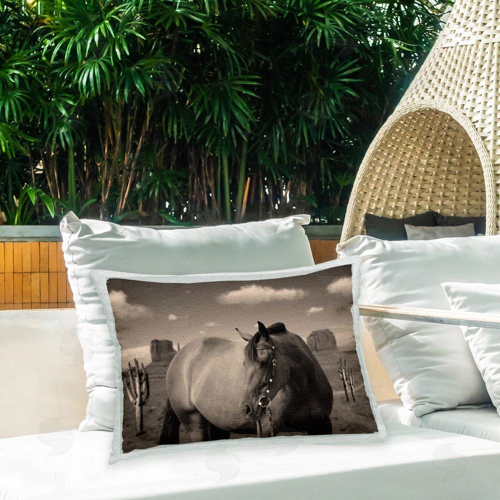 Marcus Prime Horse & Desert Cactus Outdoor Quick-Dry Polyester Printed Throw Pillow in Back Yard