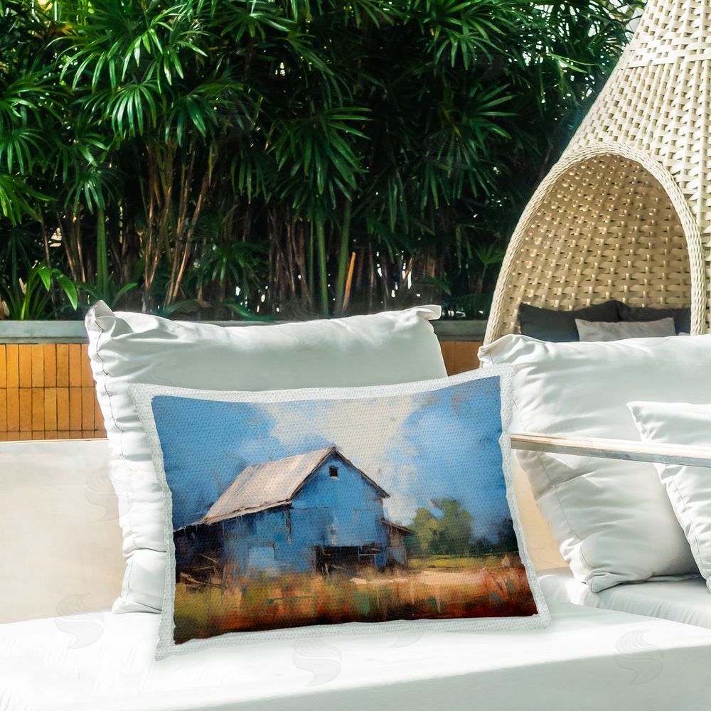 Ray Powers Abstract Farm House Outdoor Quick-Dry Polyester Printed Throw Pillow in Back Yard