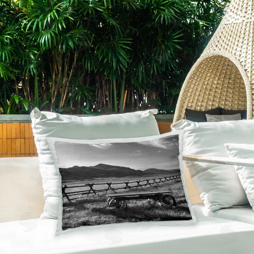 Steve Toole Rural Wagon & Fence Outdoor Quick-Dry Polyester Printed Throw Pillow in Back Yard