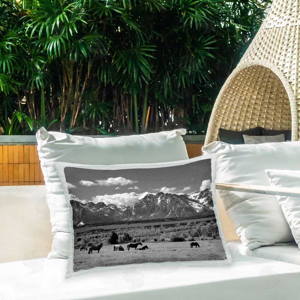 Steve Toole Mountain Landscape Horses Outdoor Quick-Dry Polyester Printed Throw Pillow in Back Yard