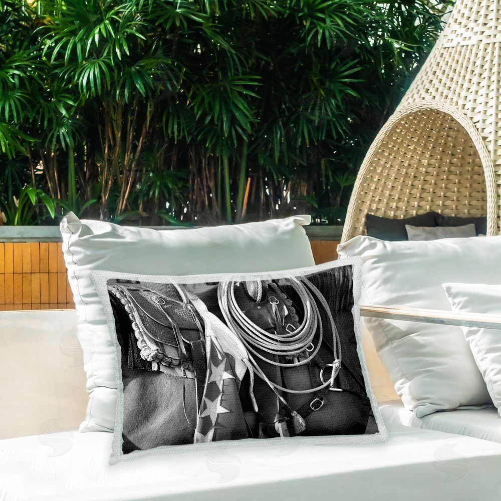 Steve Toole Western Horse Saddle Outdoor Quick-Dry Polyester Printed Throw Pillow in Back Yard