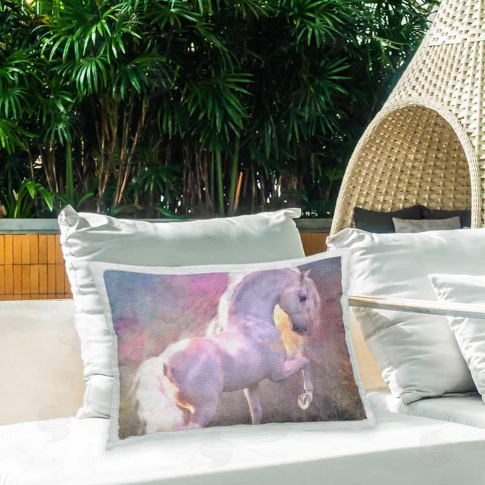 Laurie Prindle Evenglow Pastel Horse Outdoor Quick-Dry Polyester Printed Throw Pillow in Back Yard