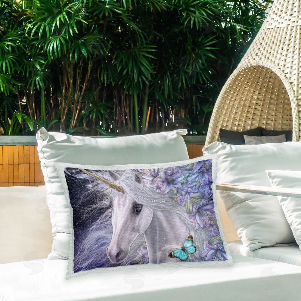 Laurie Prindle Lillicorn Floral Unicorn Outdoor Quick-Dry Polyester Printed Throw Pillow in Back Yard