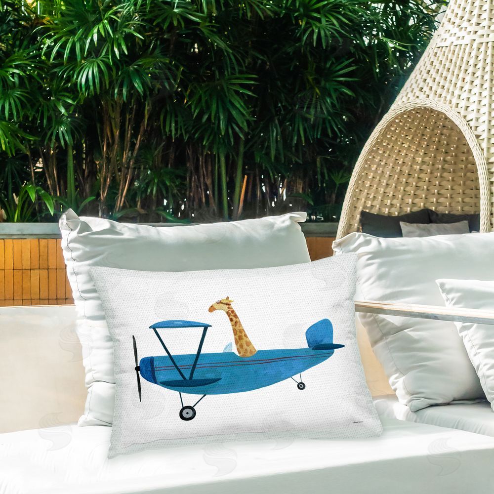 Rachel Nieman Giraffe Airplane Pilot Outdoor Quick-Dry Polyester Printed Throw Pillow in Back Yard