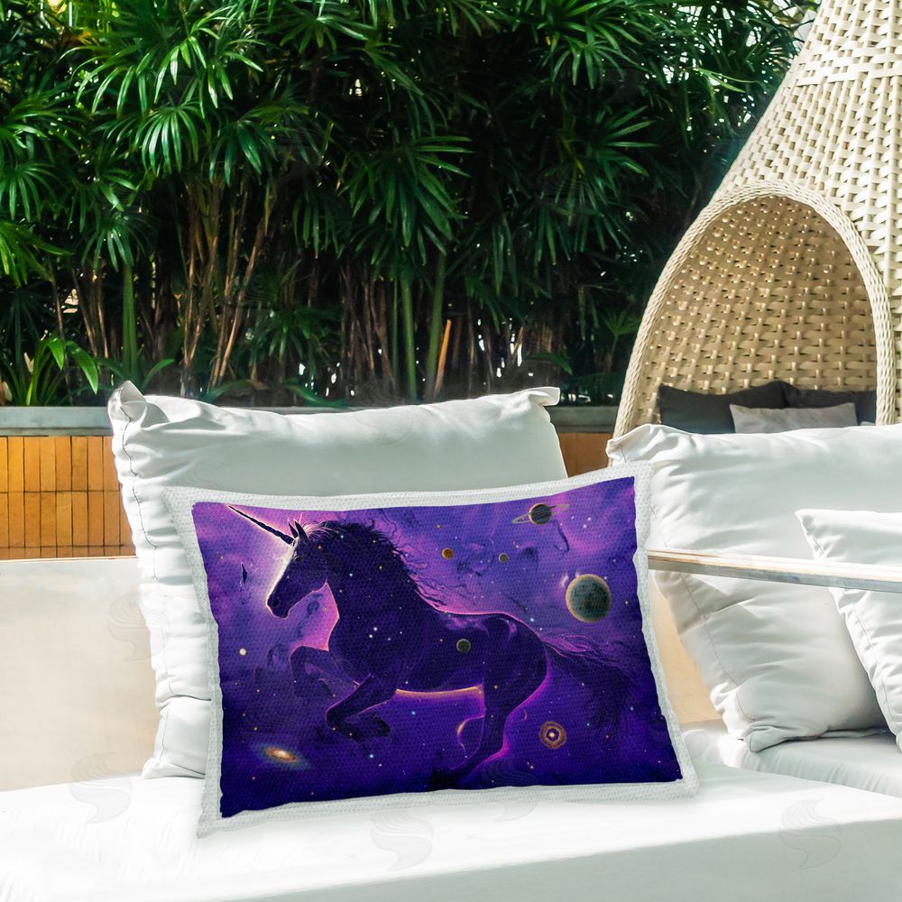 Vincent Hie Purple Unicorn Nebula Outdoor Quick-Dry Polyester Printed Throw Pillow in Back Yard